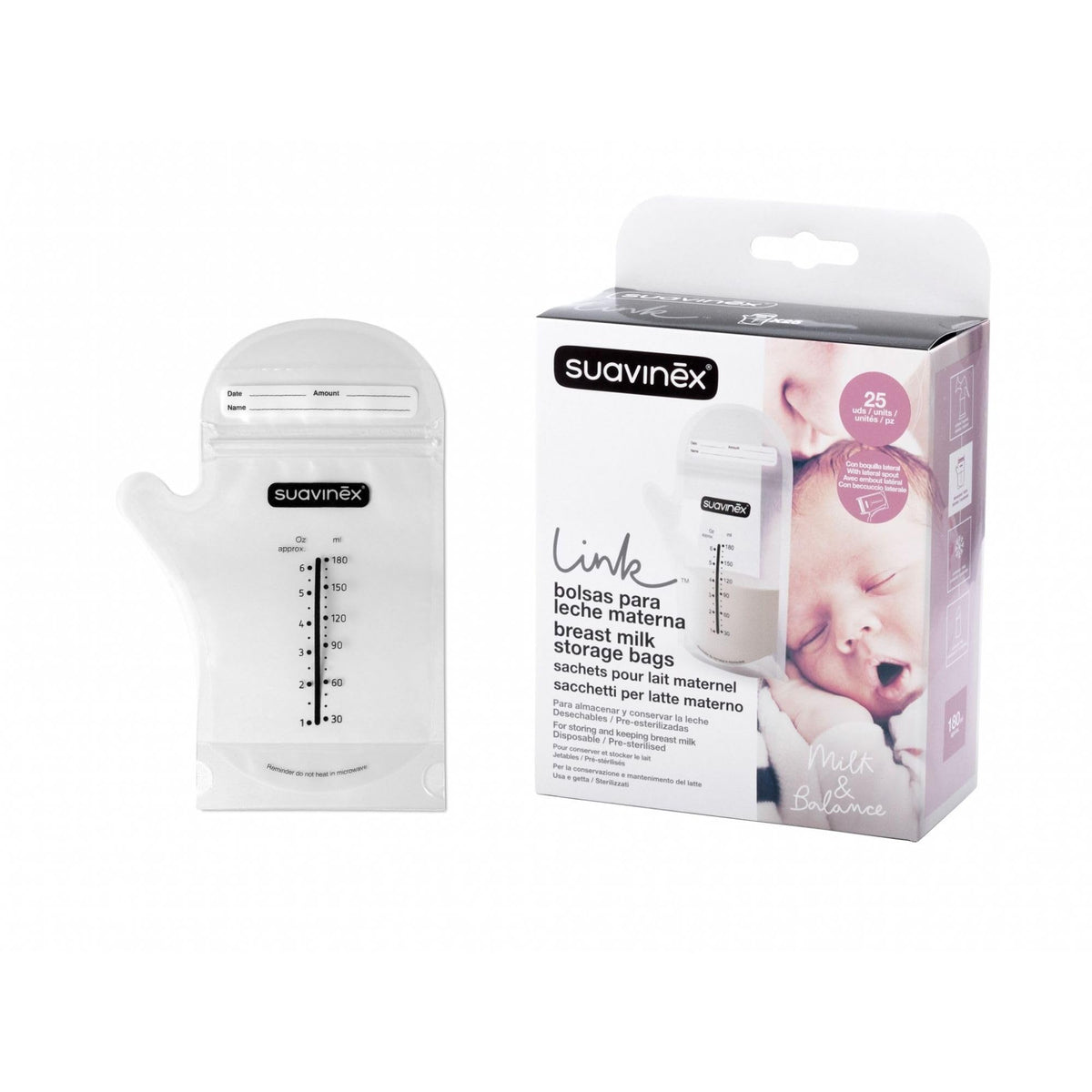 Suavinex breast milk storage bags 180 ml, 25 pcs, with spout