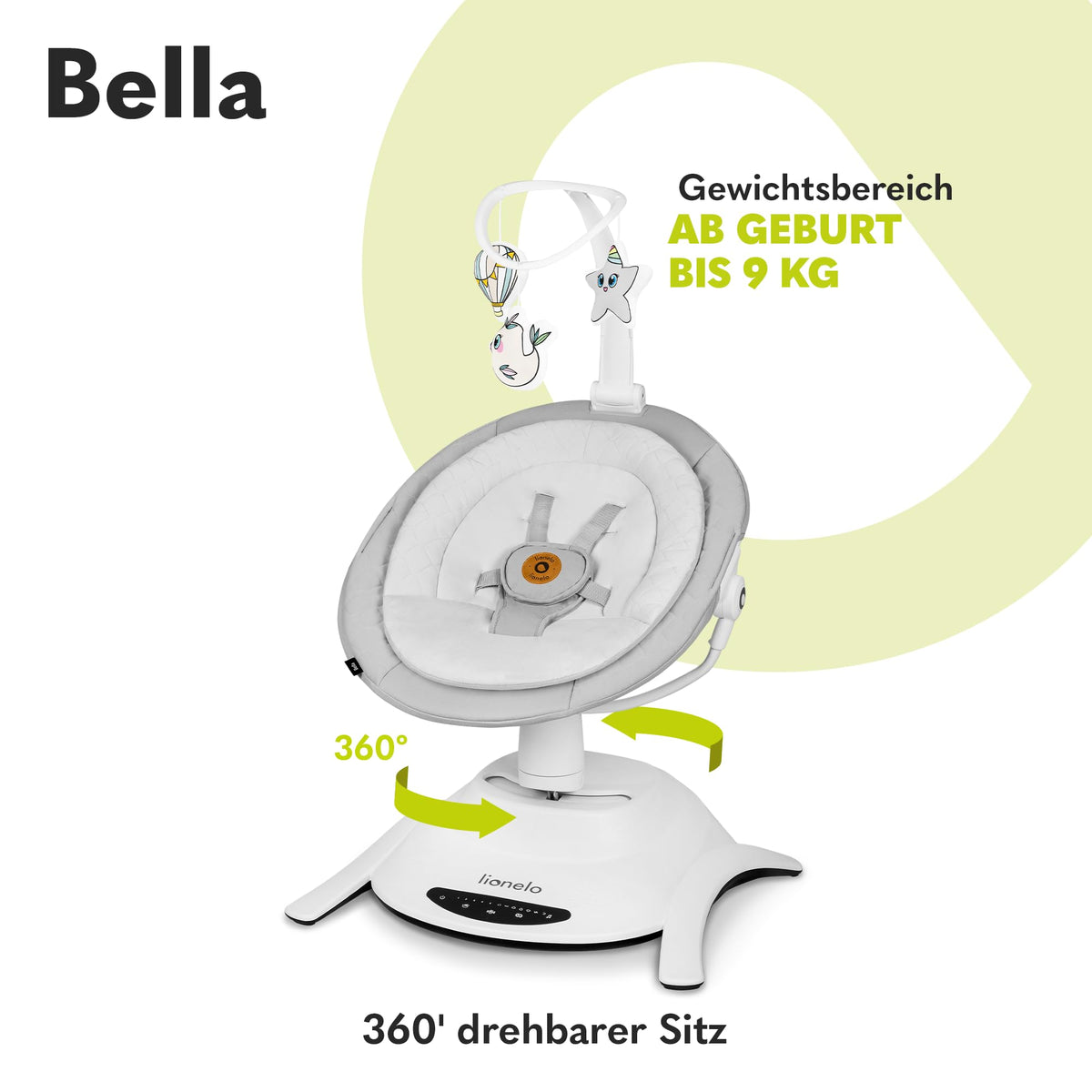 Lionelo Bella elektriline beebikiik 360° pöörleva istmega, helehall