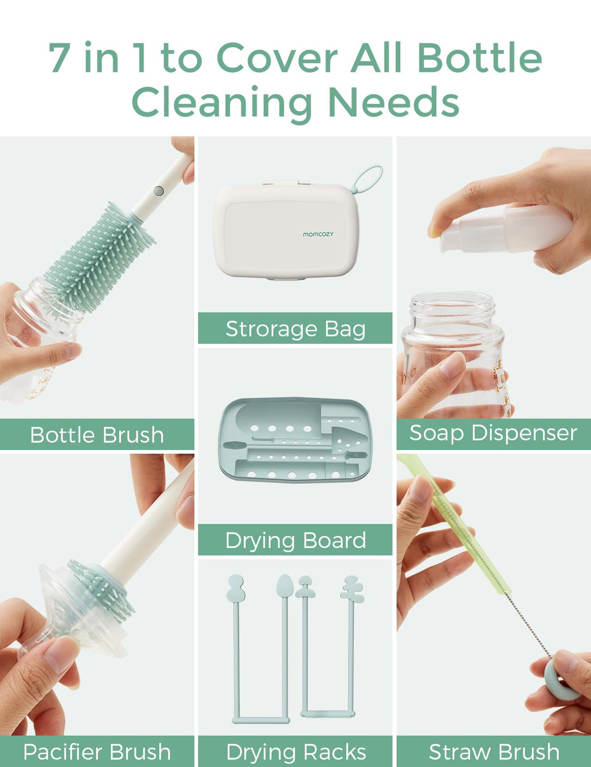 Momcozy 7-in-1 baby bottle cleaning set with silicone brushes and drying rack, green