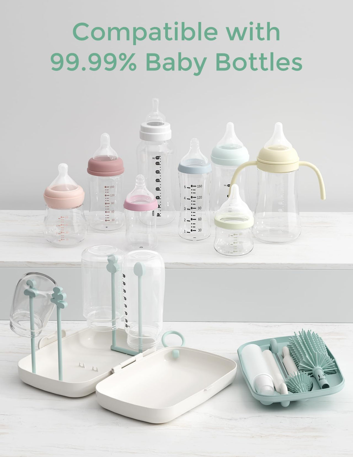 Momcozy 7-in-1 baby bottle cleaning set with silicone brushes and drying rack, green