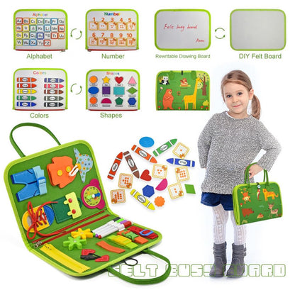 Montessori felt Busy Board sensory suitcase, 7 panels, for children 1–7 years, green