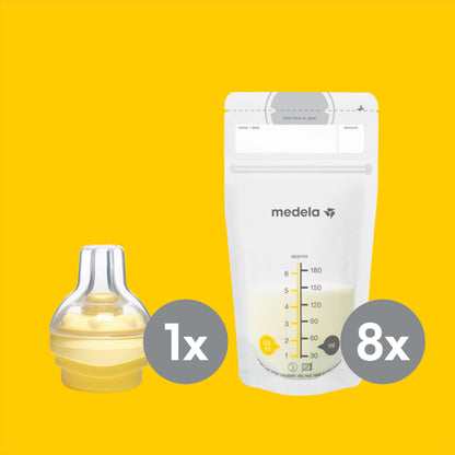 Medela Store & Feed set – breast milk storage bottles, Calma pacifier, and storage bags, BPA-free