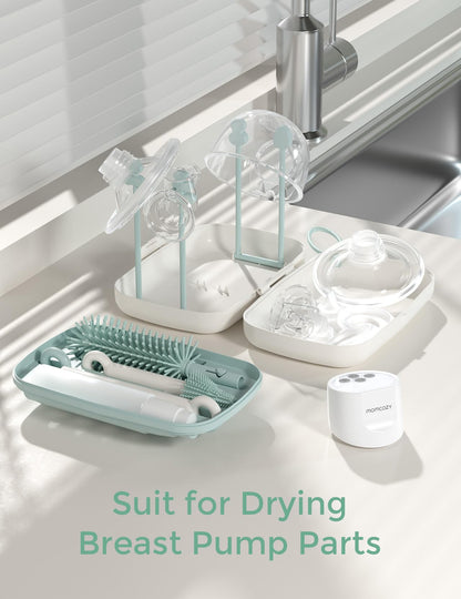 Momcozy 7-in-1 baby bottle cleaning set with silicone brushes and drying rack, green