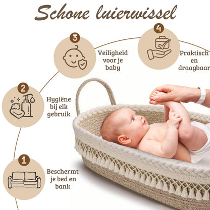SEBRAM Luxe changing mat and baby basket with extra travel mattress, foam mattress and waterproof cover, cotton rope (beige)