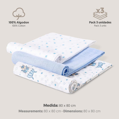 Interbaby 3-osaline musliinlappide komplekt, sinine, 80 × 80 cm