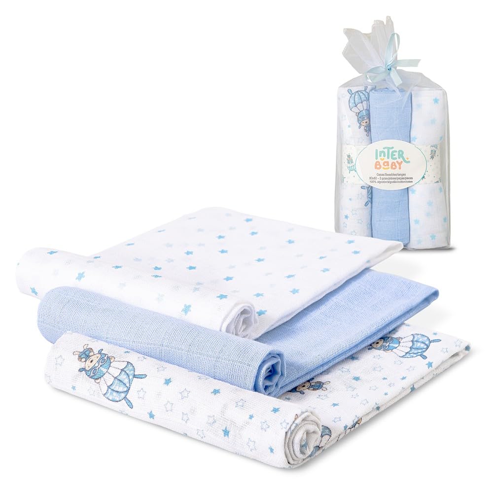 Interbaby 3-osaline musliinlappide komplekt, sinine, 80 × 80 cm