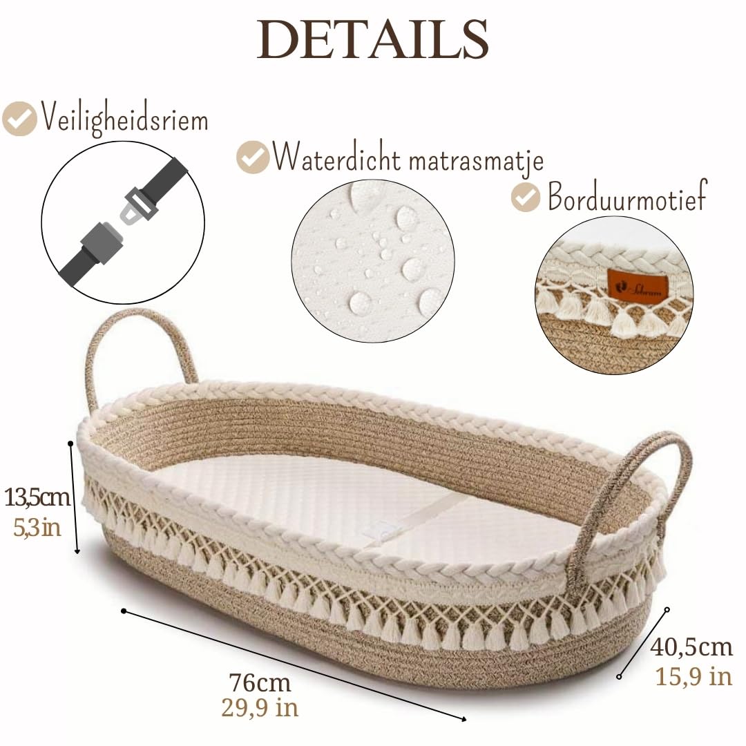 SEBRAM Luxe changing mat and baby basket with extra travel mattress, foam mattress and waterproof cover, cotton rope (beige)