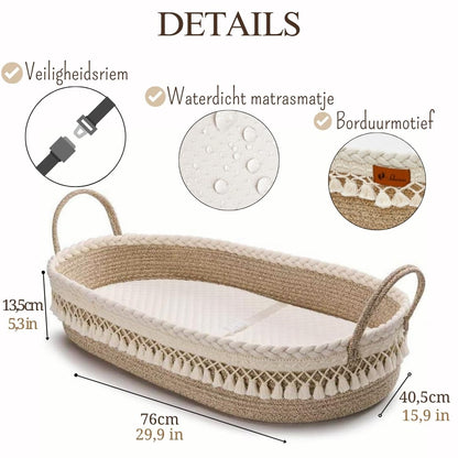 SEBRAM Luxe changing mat and baby basket with extra travel mattress, foam mattress and waterproof cover, cotton rope (beige)