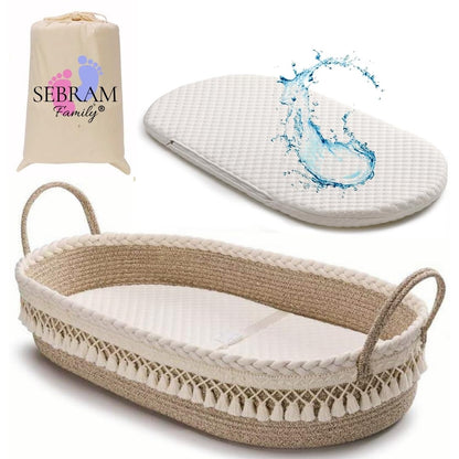 SEBRAM Luxe changing mat and baby basket with extra travel mattress, foam mattress and waterproof cover, cotton rope (beige)