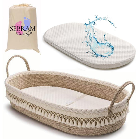 SEBRAM Luxe changing mat and baby basket with extra travel mattress, foam mattress and waterproof cover, cotton rope (beige)