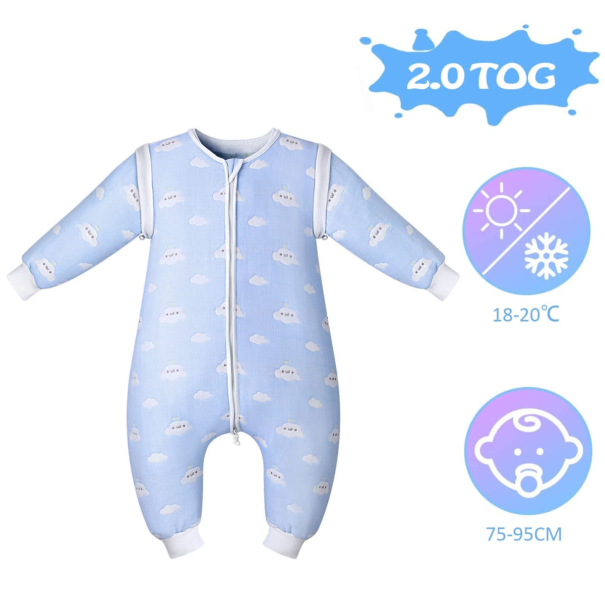 Lictin baby sleeping bag, TOG 2.0, with removable sleeves, 80 cm, light blue cloud pattern