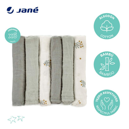 Jané muslin cloths 6 pcs, with cotton and bamboo, 35 × 35 cm, green