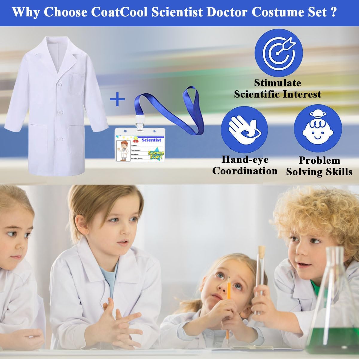 CoatCool children's scientist costume with white lab coat, 140-150cm