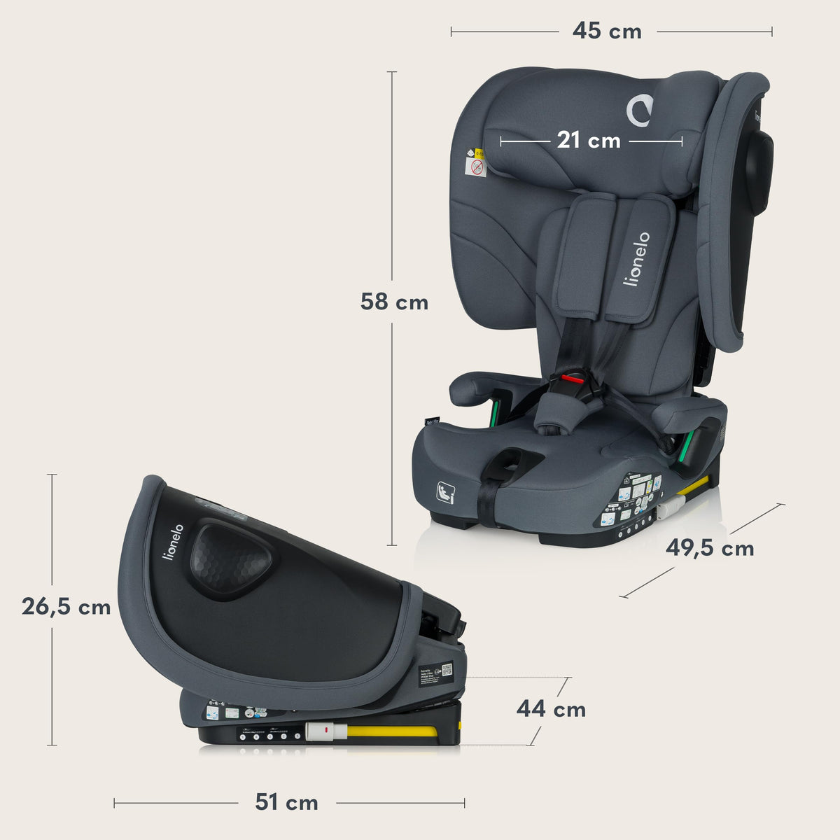 Lionelo Nelly i-Size ISOFIX turvatool 76–150 cm, kokkupandav, grafiithall