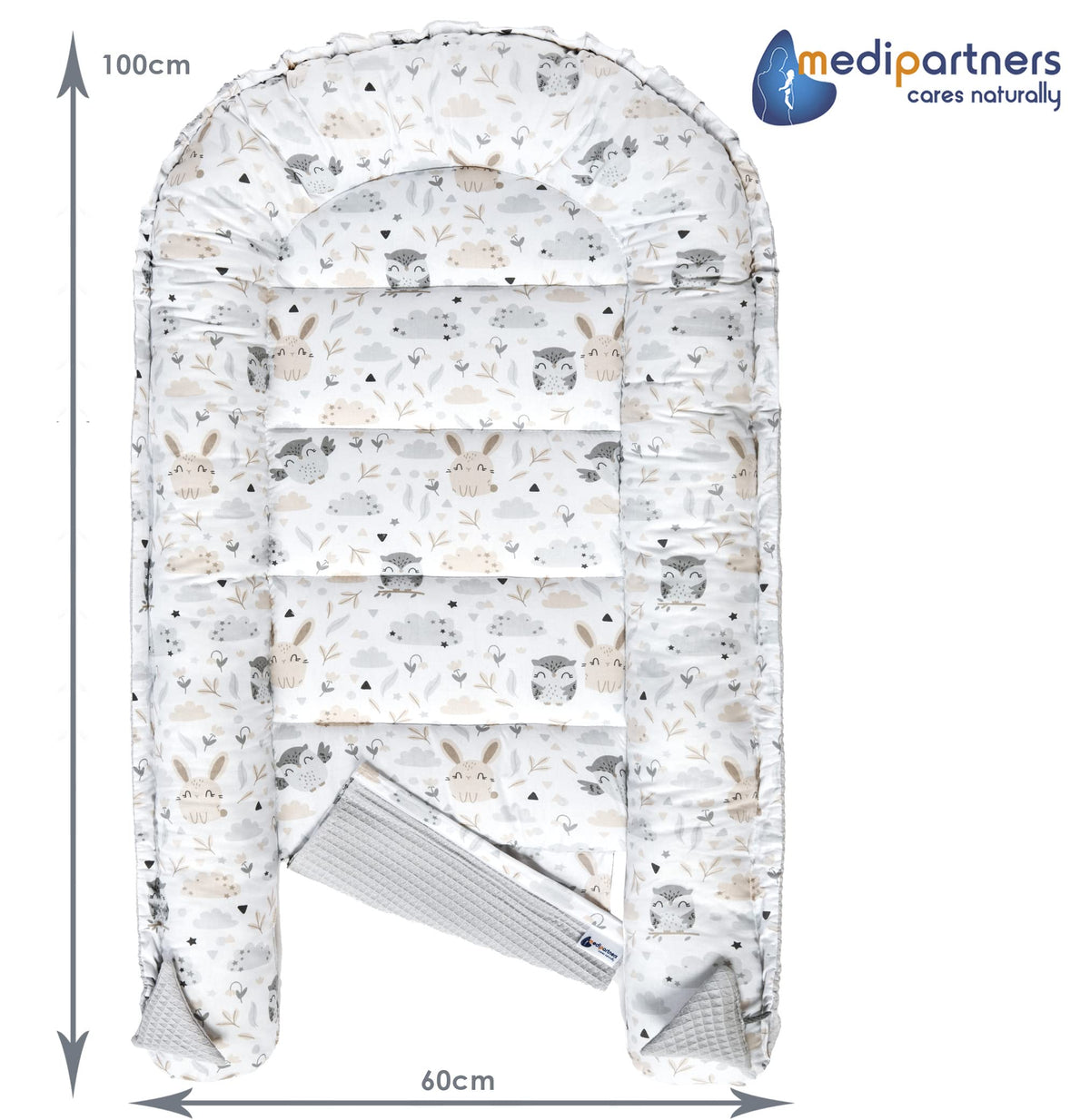 Medi Partners baby nest cocoon, 100×60×15 cm, reversible, cotton Waffle, grey