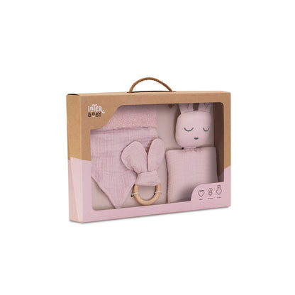 Interbaby gift set: doudou cuddly toy, baby bib, and teething ring, pink