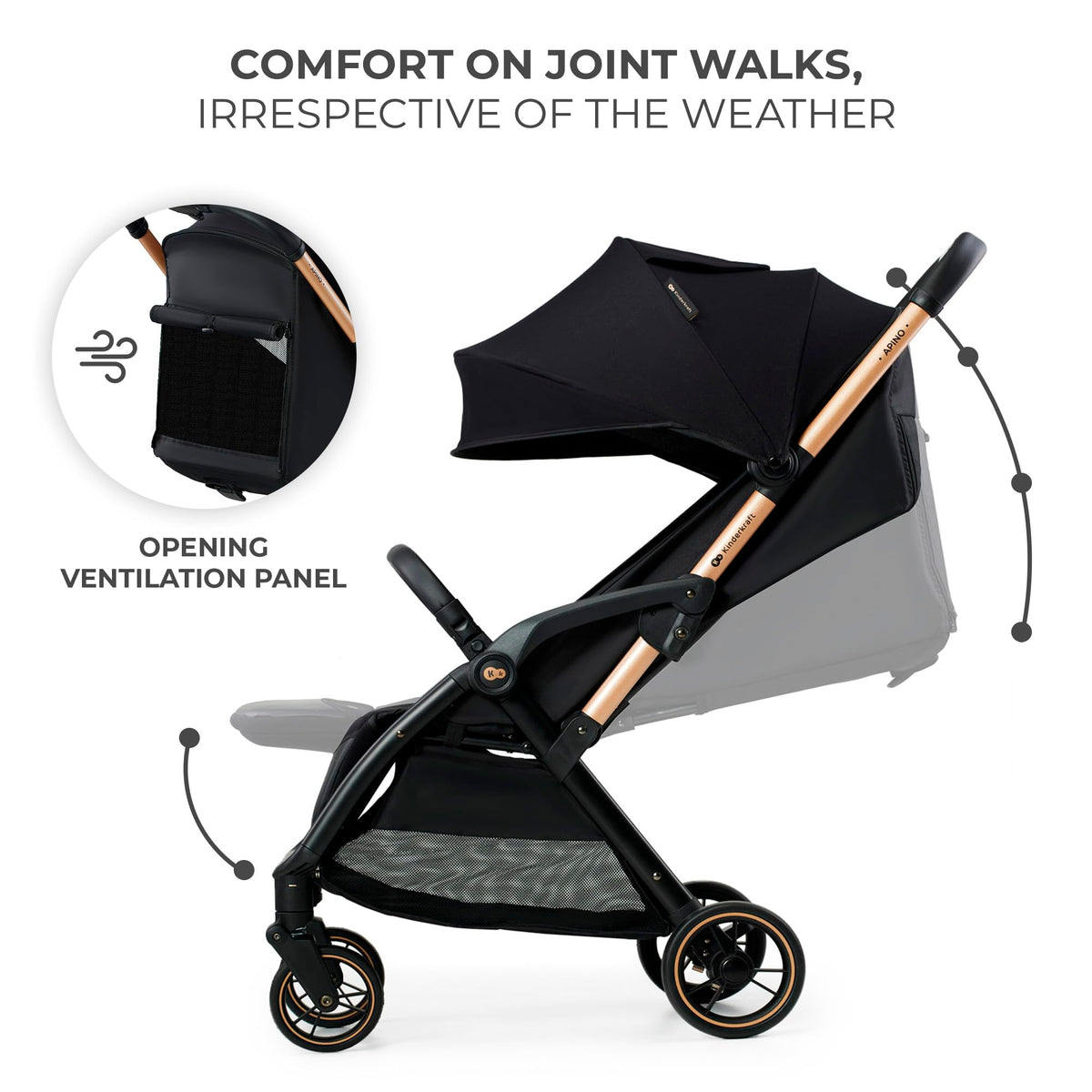 Kinderkraft APINO kergkäru, automaatselt kokkuvoltuv, kuni 24 kg, must