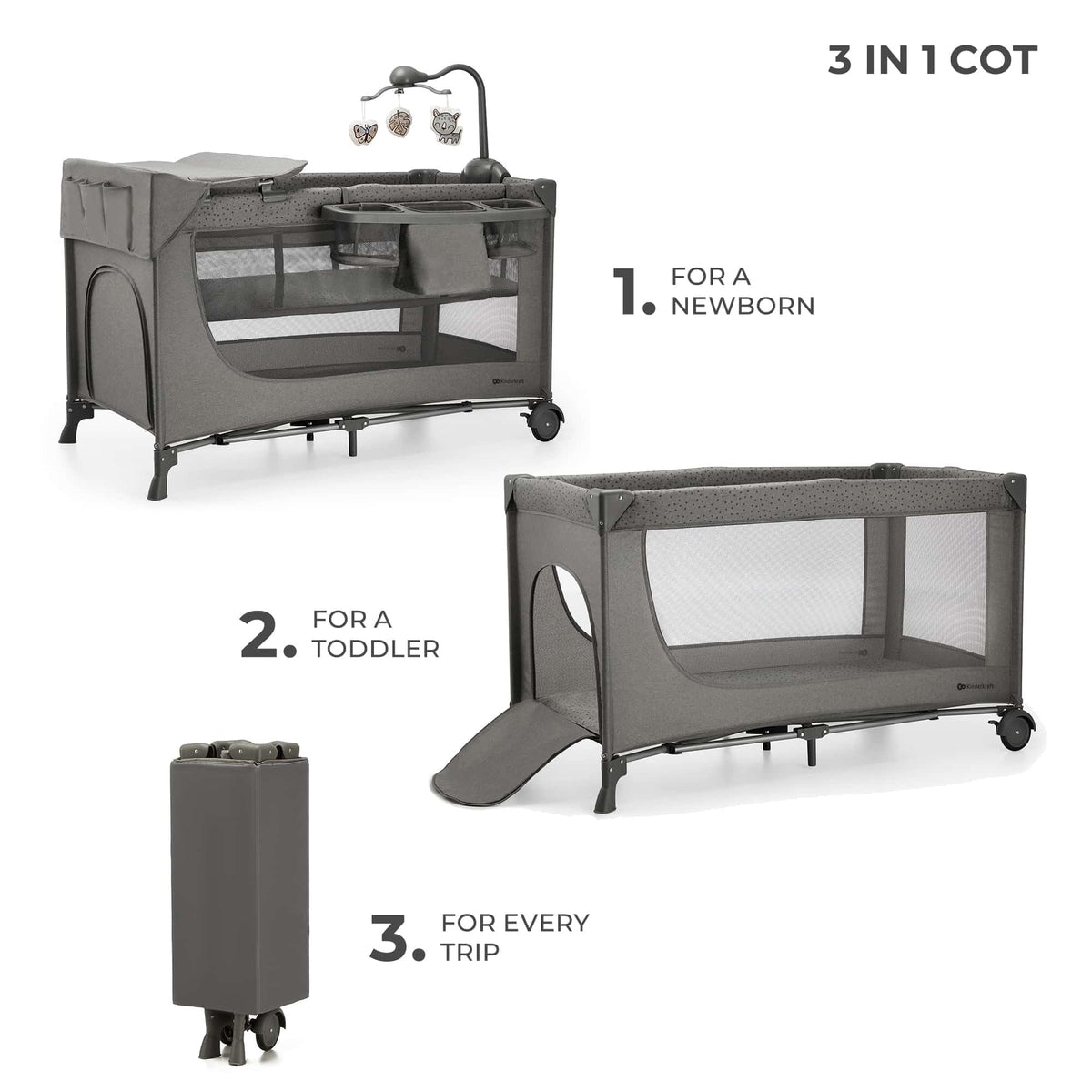 Kinderkraft JOY 2 gray travel cot with accessories, up to 25 kg