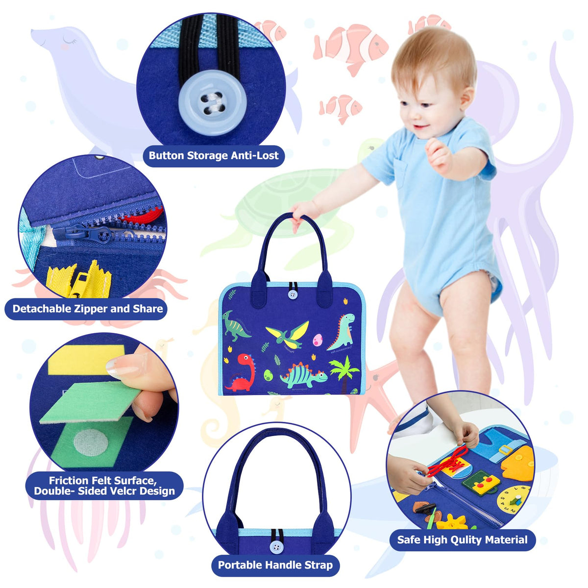 Montessori felt Busy Board sensory suitcase, 7 panels, for children 1–7 years, blue