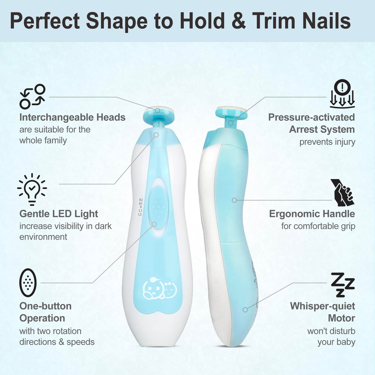 Royal Angels electric baby nail file, 21-piece set with LED light, 13 extra pads, turquoise