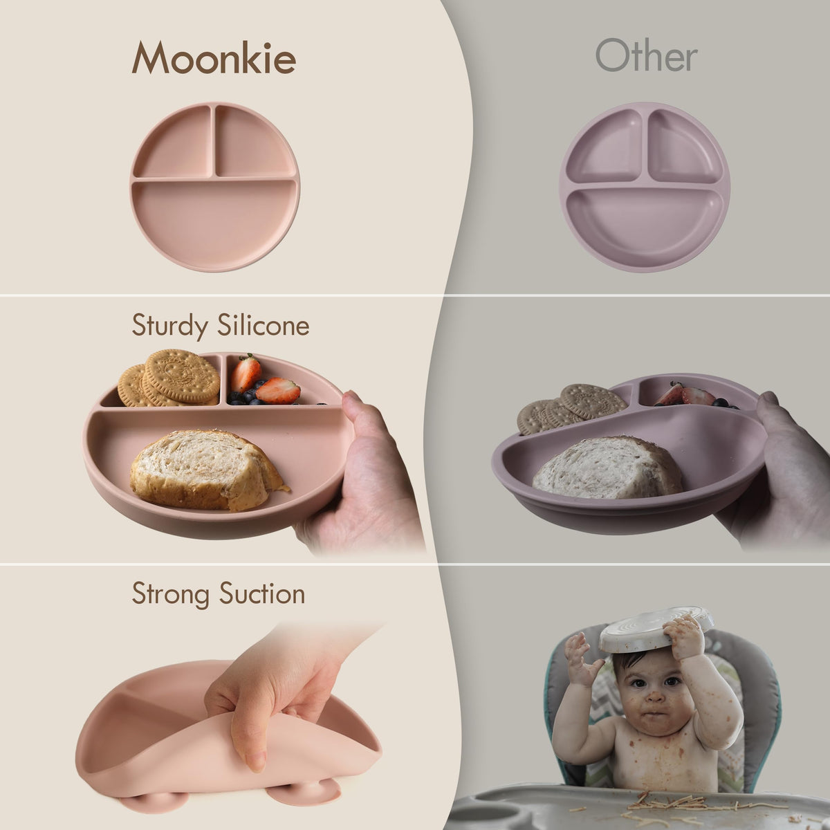 Moonkie silikoonist iminapaga taldrikute komplekt kaante ja söögiriistadega (2 tk), terrakota/liiv