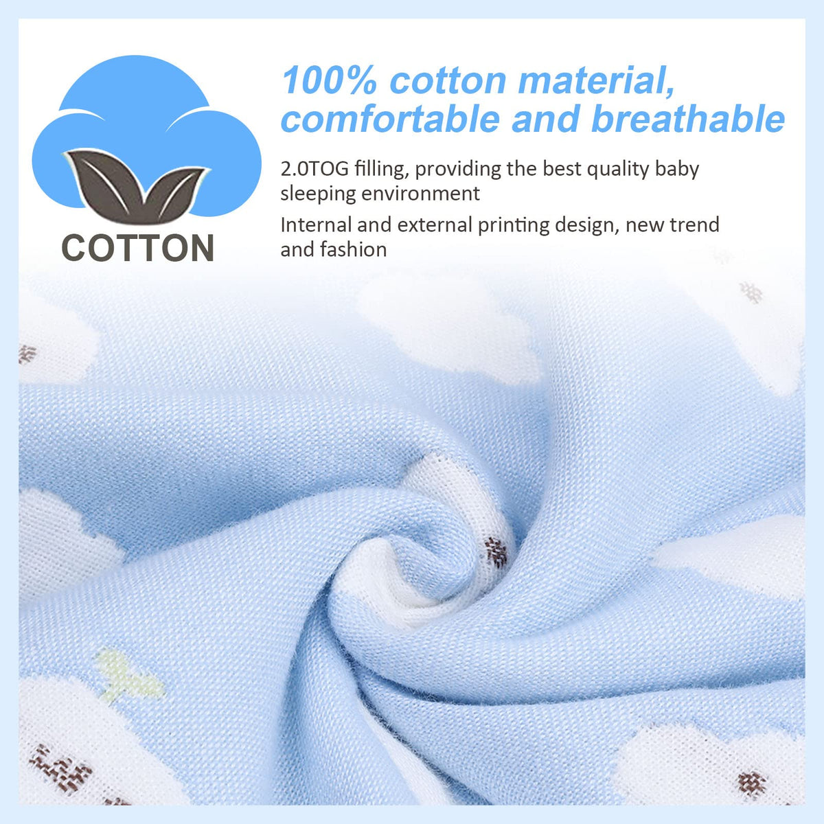 Lictin baby sleeping bag, TOG 2.0, with removable sleeves, 80 cm, light blue cloud pattern