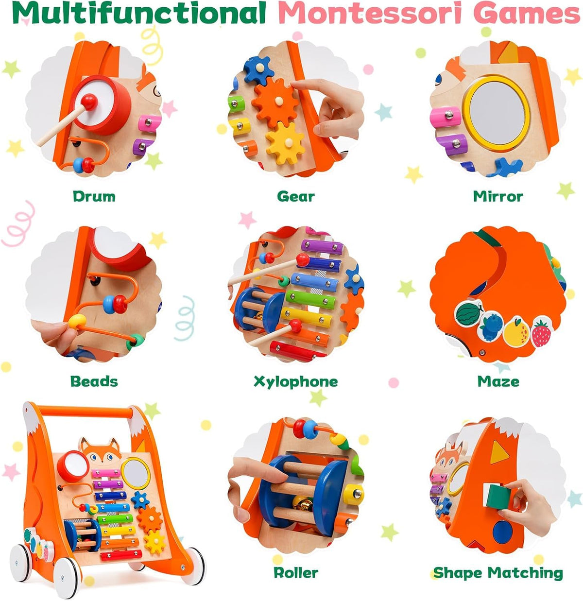 Puidust käimistugi 1+ muusika ja arendavate tegevustega, Montessori stiilis