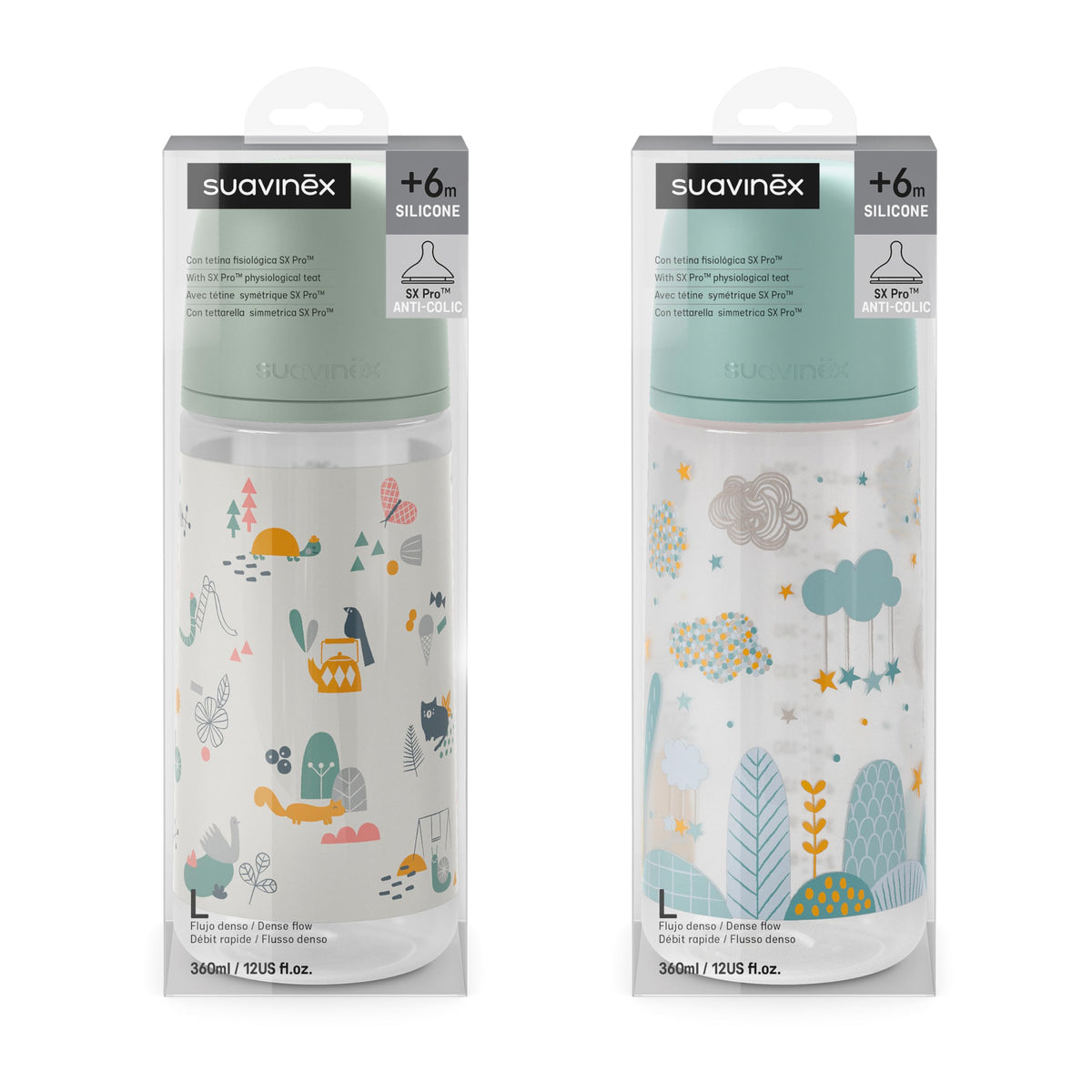 Suavinex 2-osaline komplekt – koolikute vastased beebipudelid 360 ml, sinine ja roheline