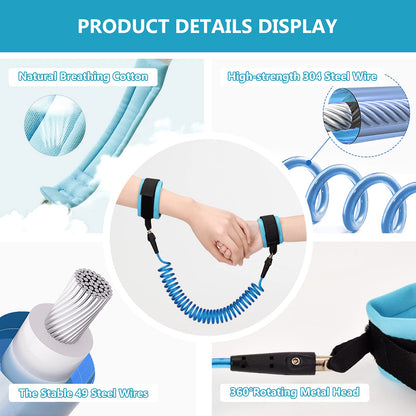 TOYESS 2.5 m child safety harness and wrist strap, 360° rotating, blue + pink