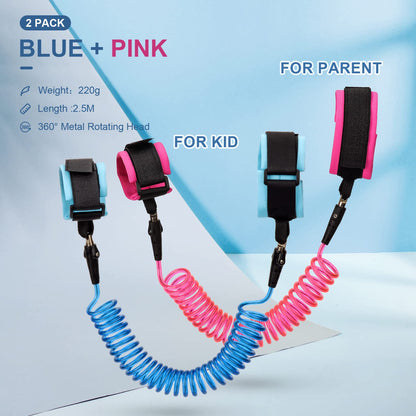 TOYESS 2.5 m child safety harness and wrist strap, 360° rotating, blue + pink