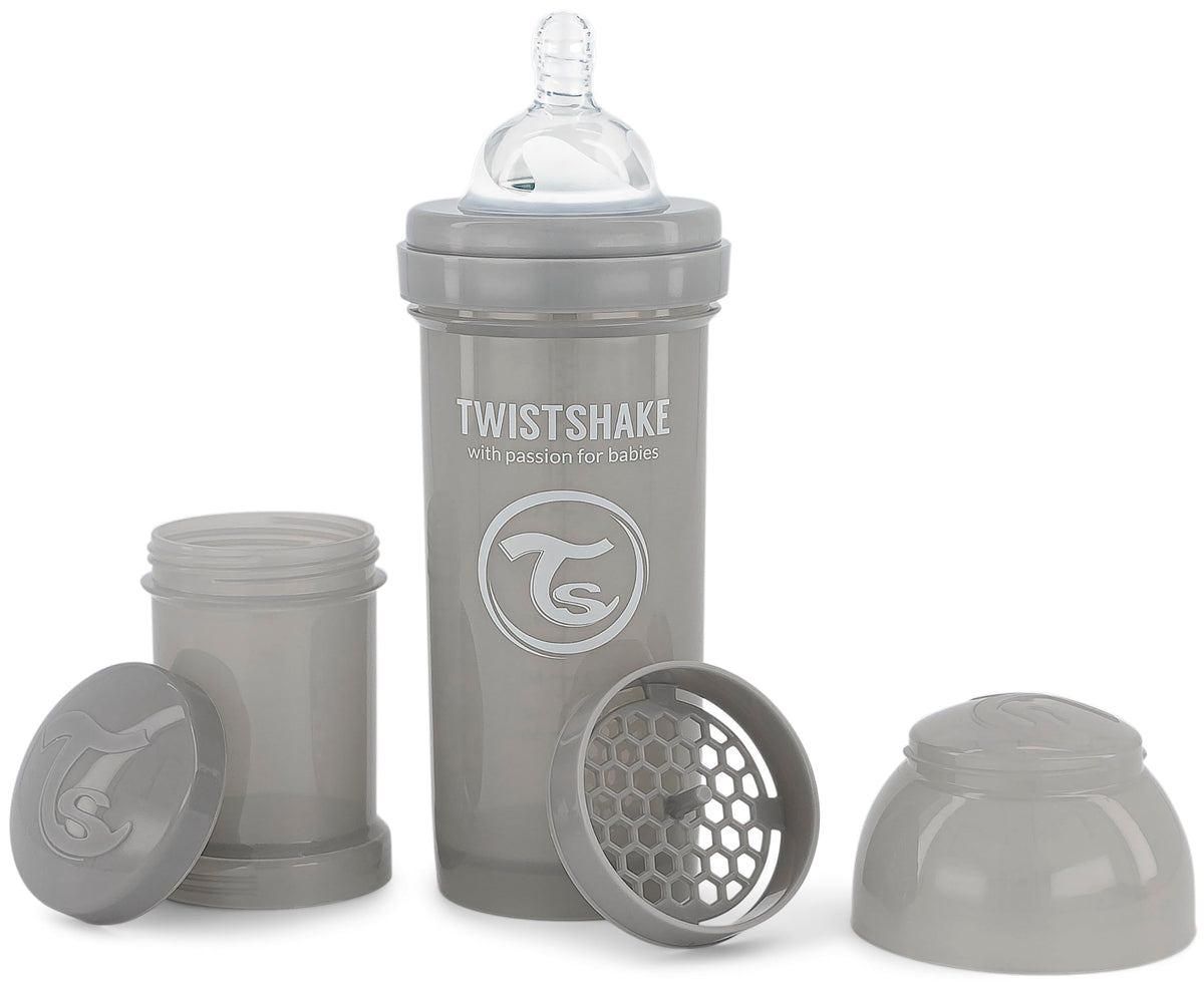 Twistshake koolikuvastane lutipudel 260 ml + piimapulbri konteiner, hall