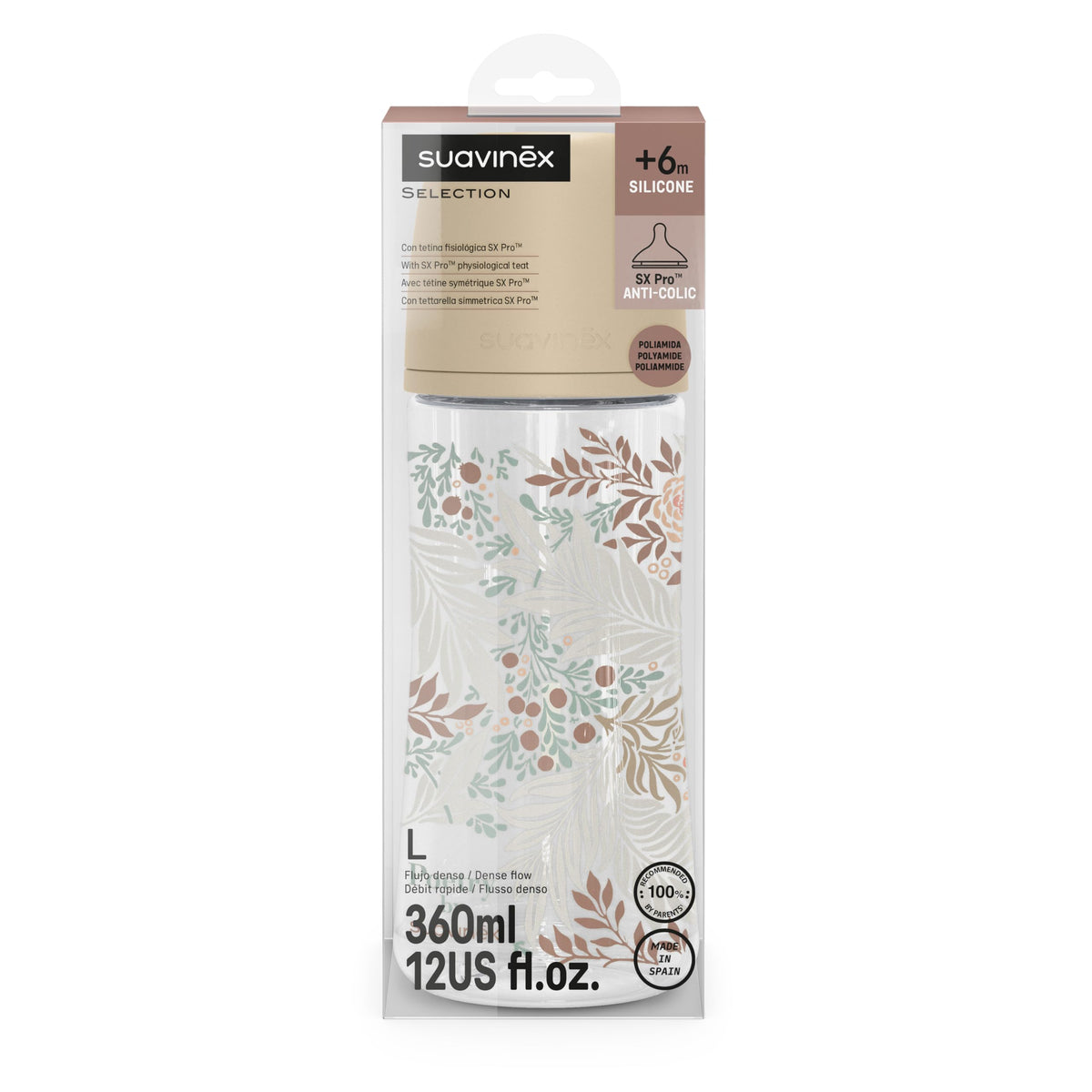 Suavinex lutipudel 360 ml SX Pro sümmeetrilise silikoonlutiga, kiire vool, Poetry, beež