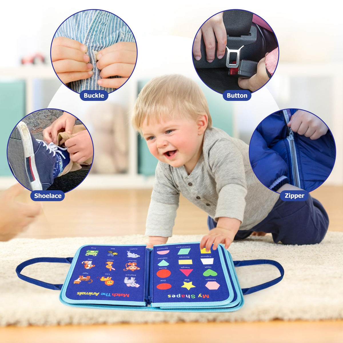 Montessori felt Busy Board sensory suitcase, 7 panels, for children 1–7 years, blue