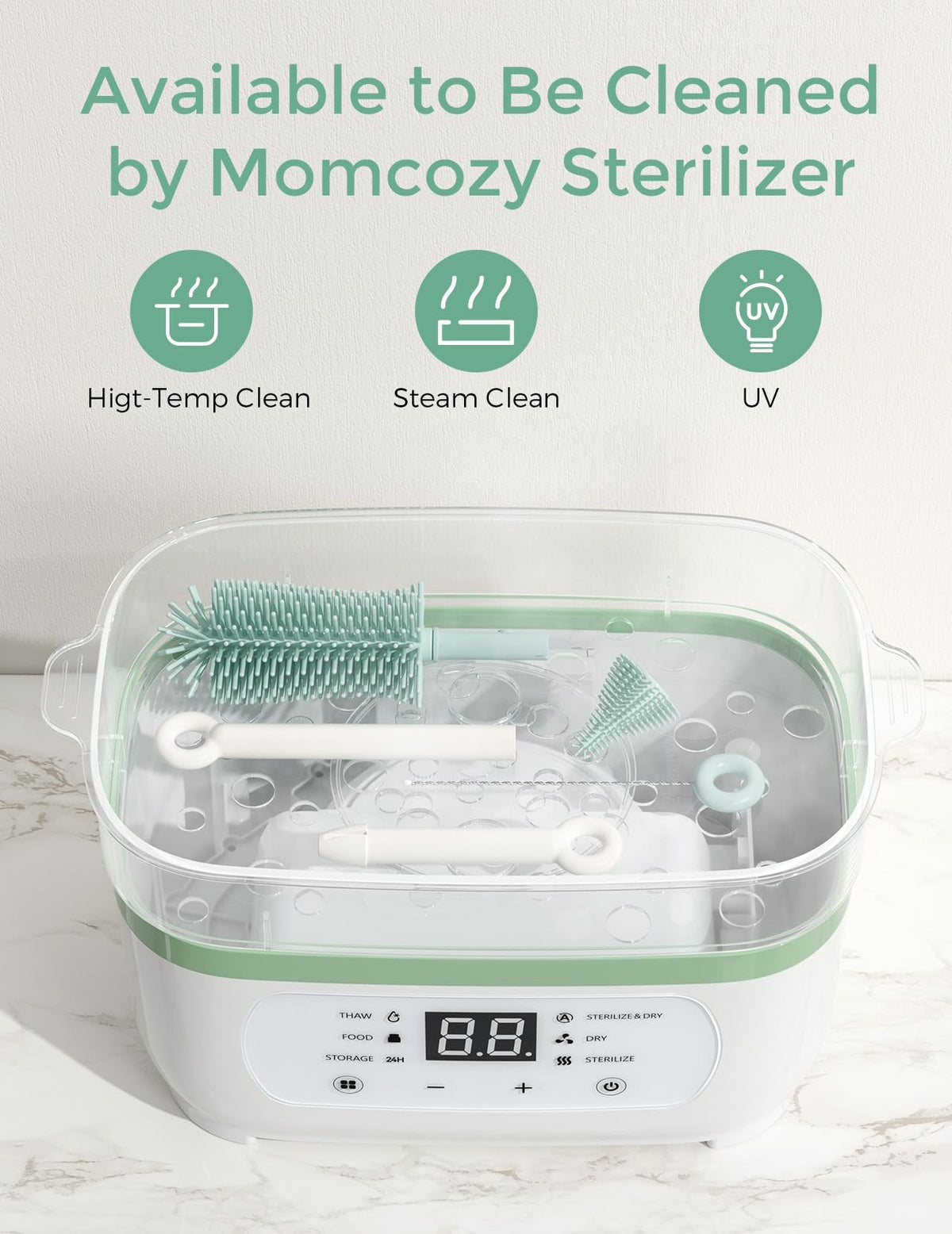 Momcozy 7-in-1 baby bottle cleaning set with silicone brushes and drying rack, green