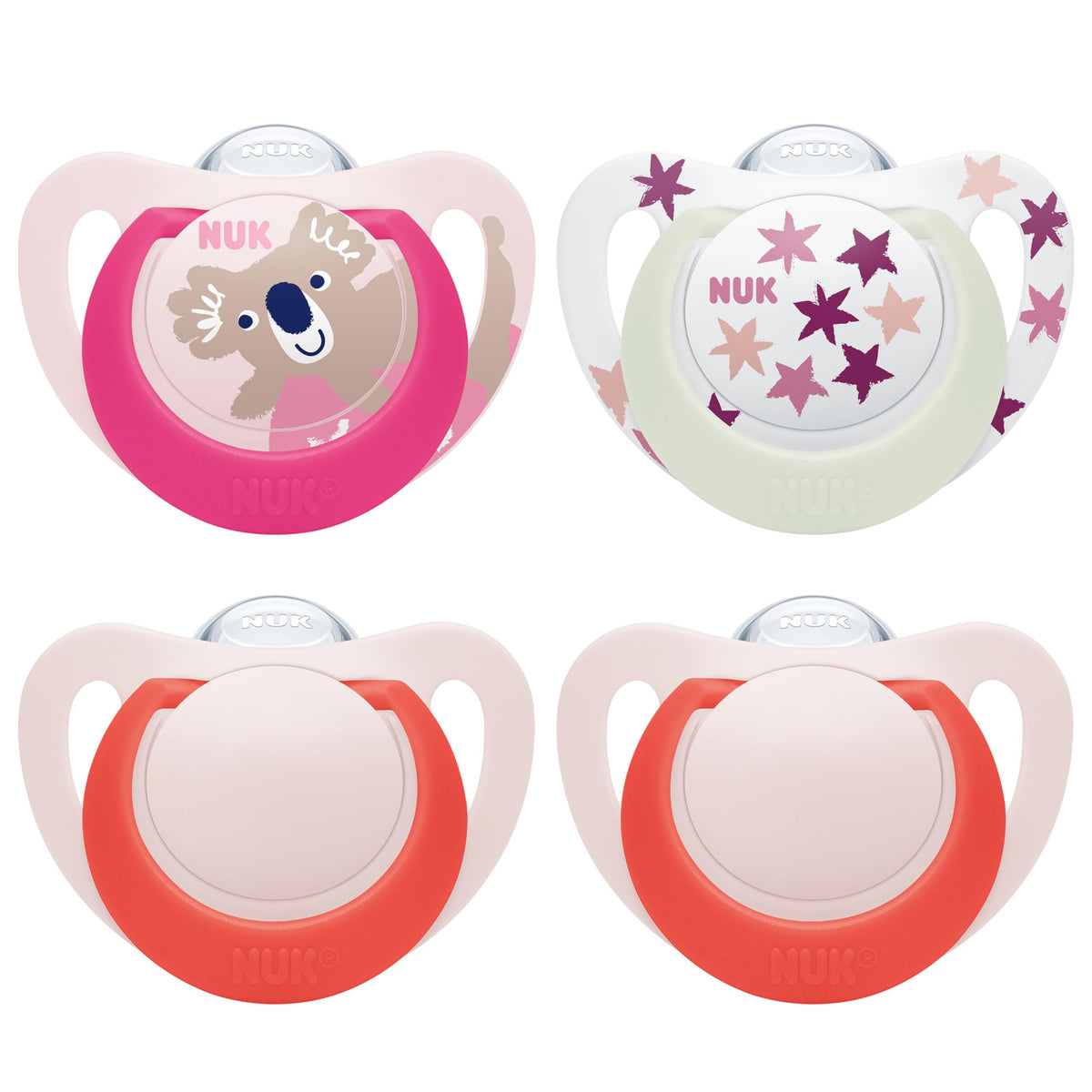 NUK Star Day & Night lutt 18–36 kuud, silikoon, pimedas helendav, 4 tk (roosa)
