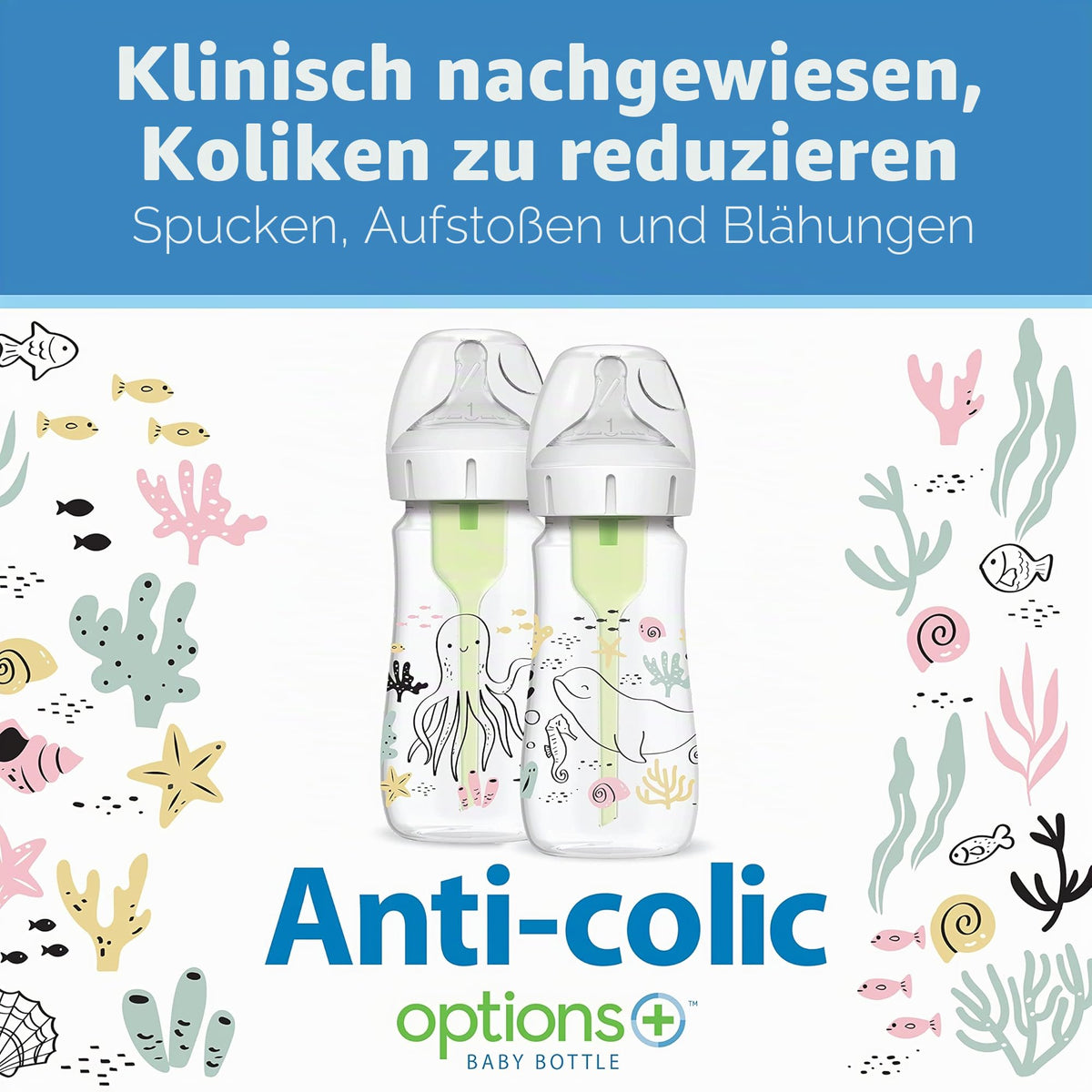 Dr. Brown's lutipudel Anti-Colic Weithals, 270 ml, 0+ kuud, Ocean, 2 tk