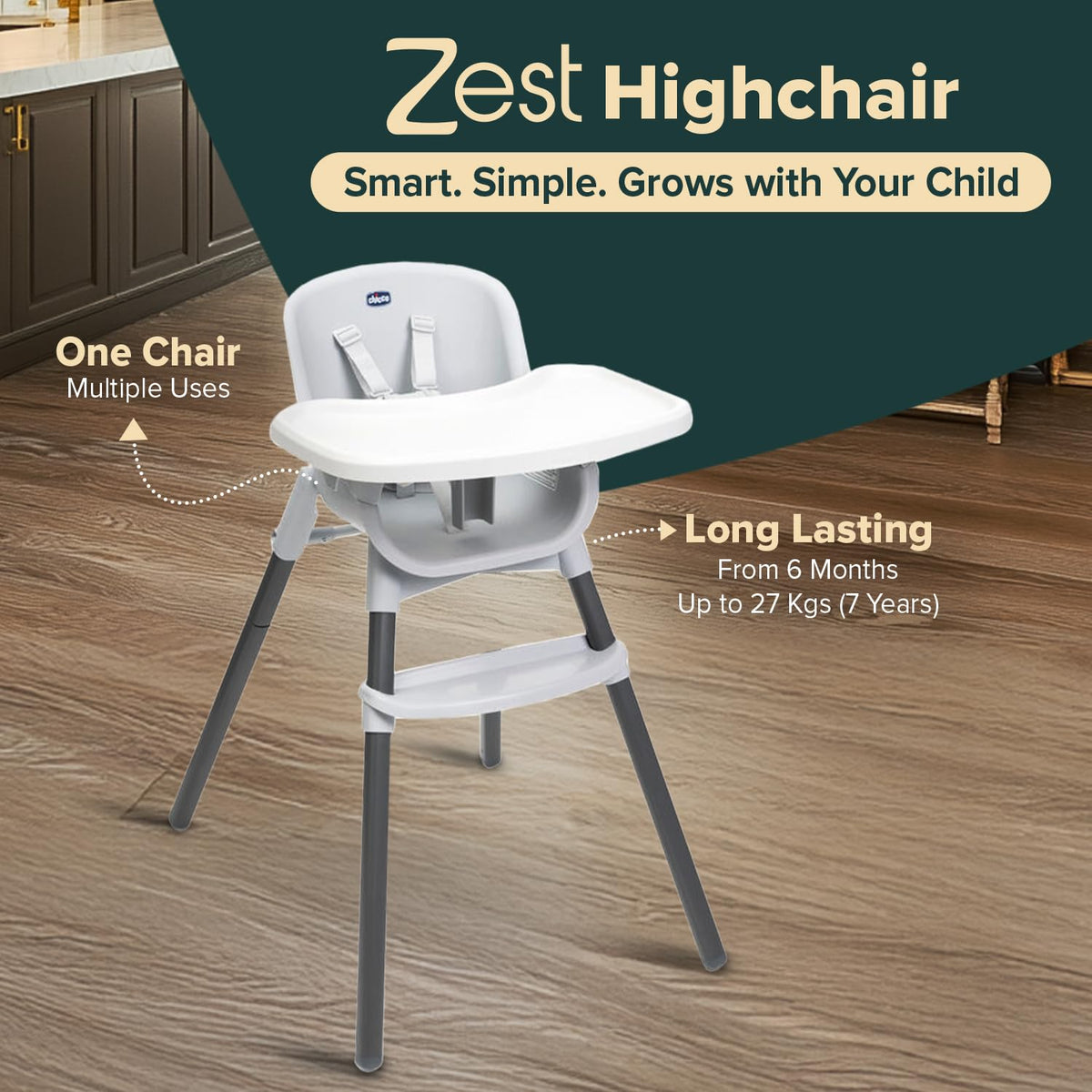 Chicco Zest söögitool, hall (Moon Grey), alates 6 kuust kuni 40 kg