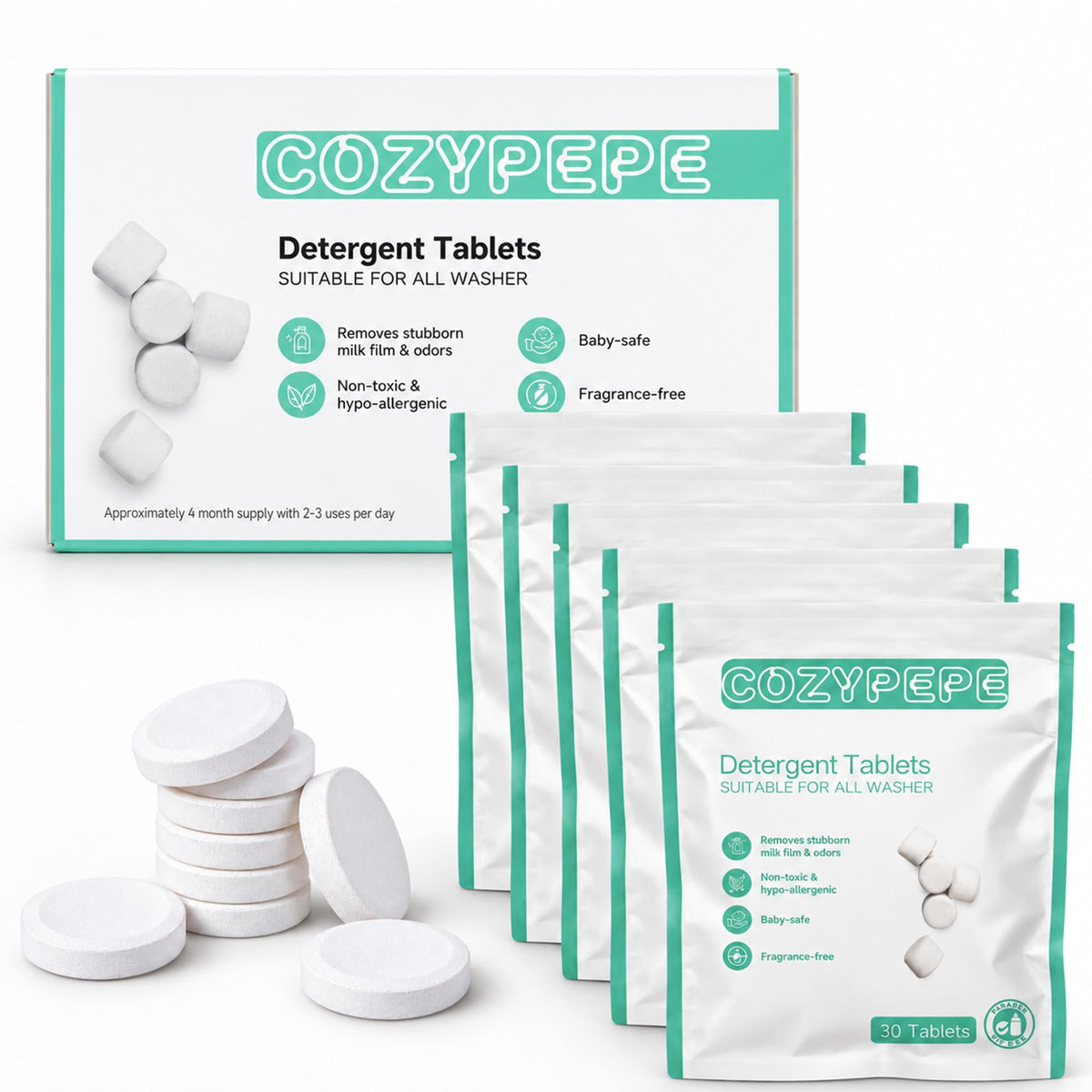 COZYPEPE baby bottle cleaning tablets for bottle washers and sterilisers, enzyme formula, 30 pcs