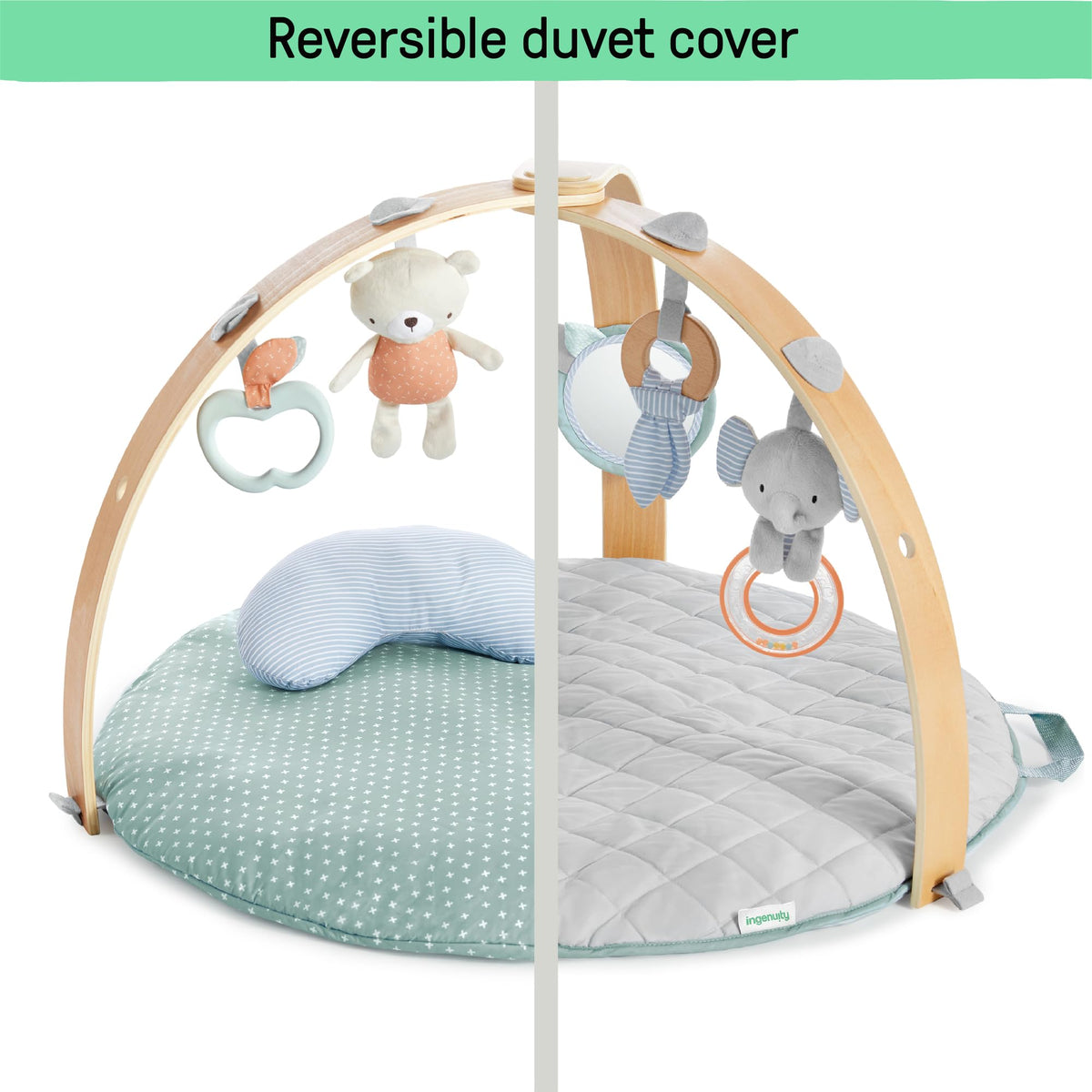 Ingenuity Cozy Spot reversible activity mat and play arch with wooden hanging bar, Loamy