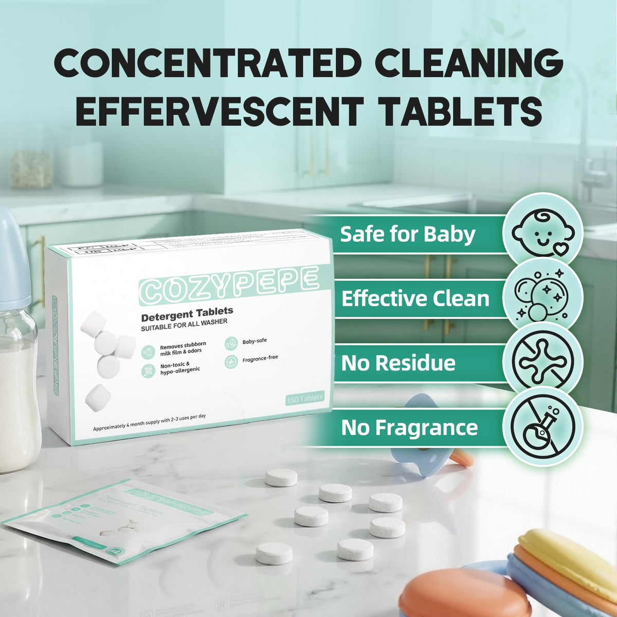 COZYPEPE baby bottle cleaning tablets for bottle washers and sterilisers, enzyme formula, 30 pcs