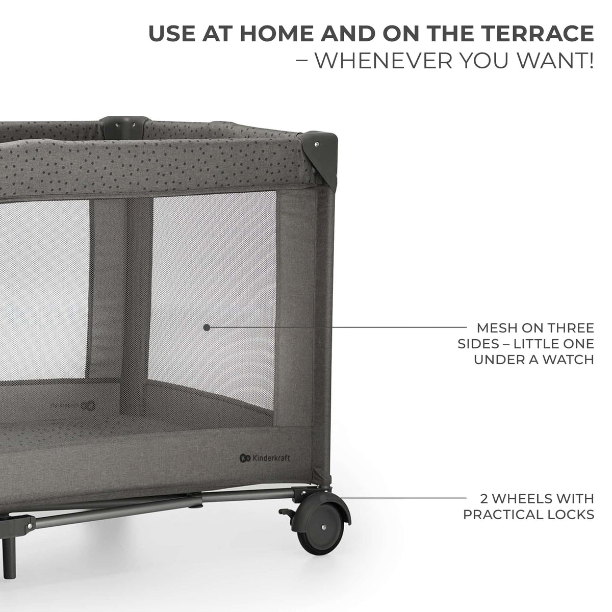 Kinderkraft JOY 2 gray travel cot with accessories, up to 25 kg
