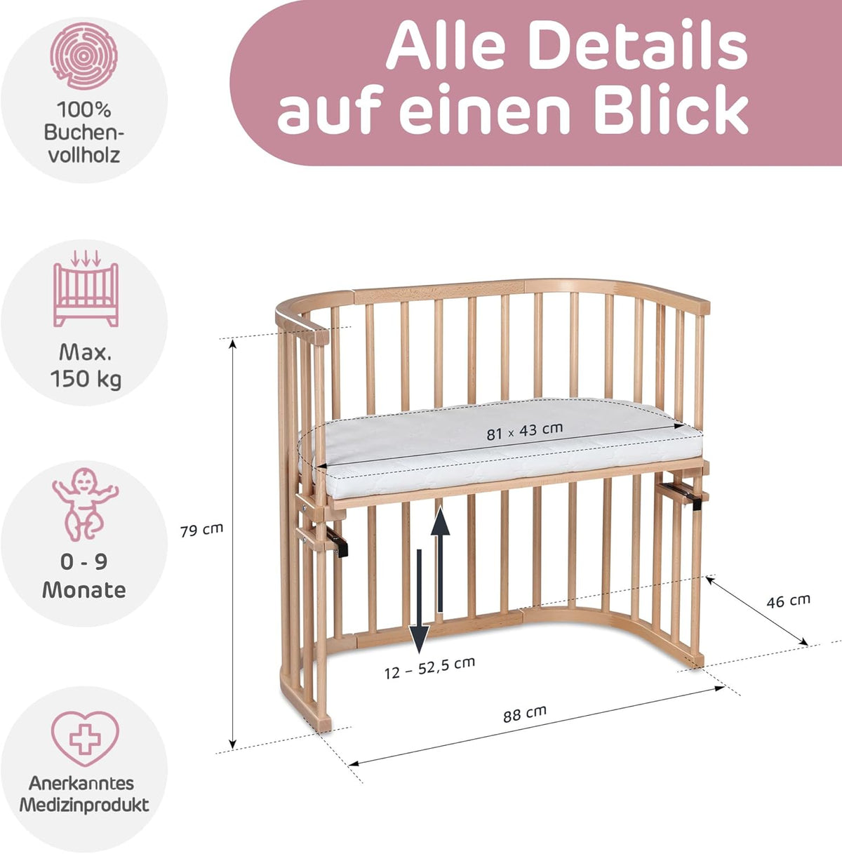 Babybay original beech wood bed pocket, adjustable height, wood