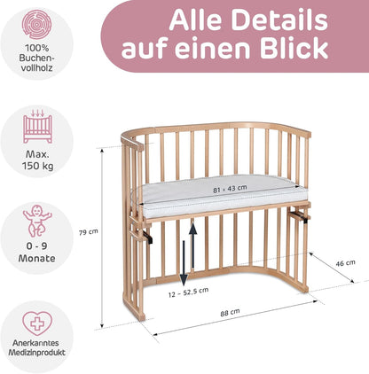 Babybay original beech wood bed pocket, adjustable height, wood