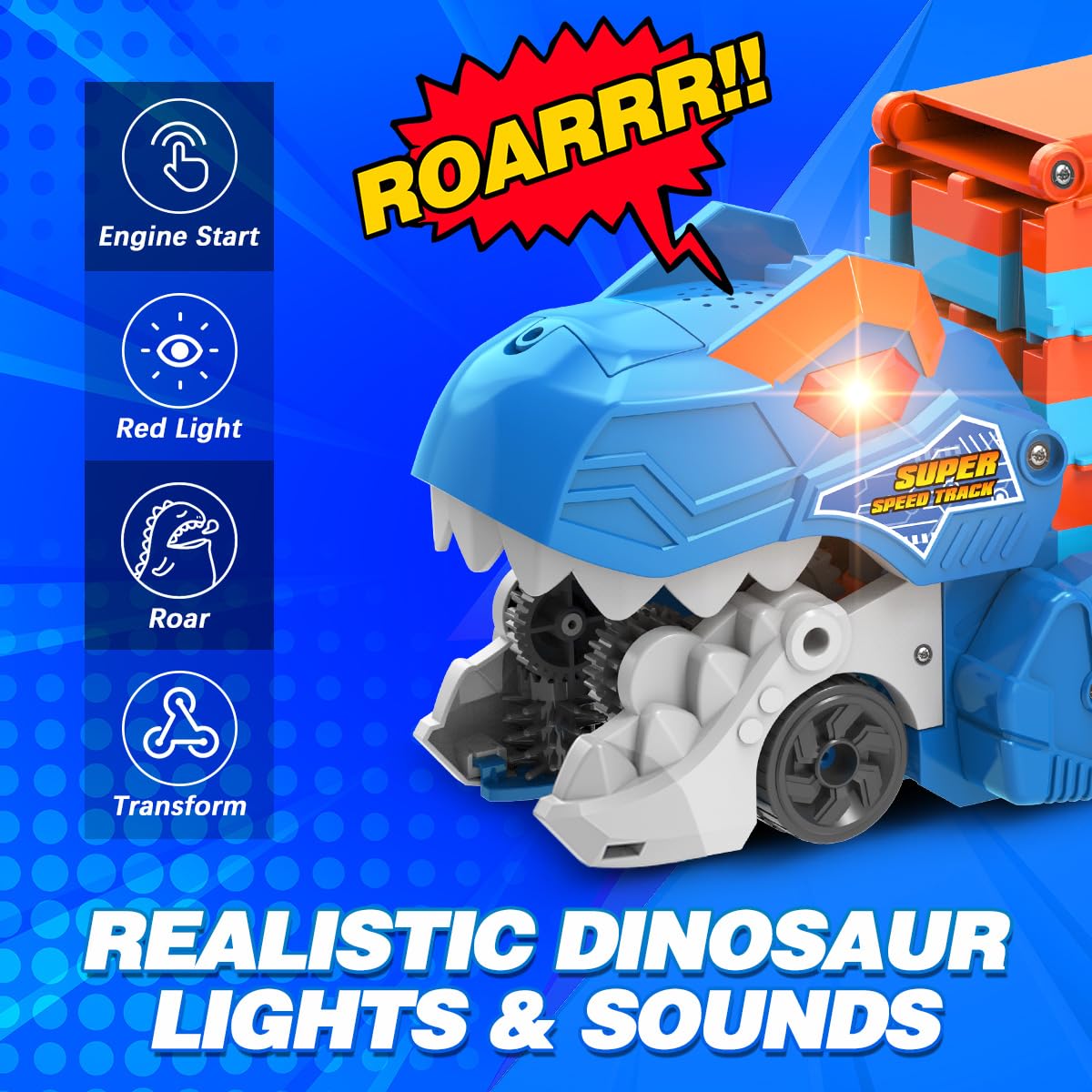 3-in-1 Dinosauruseteemaline transpordiveok ja rallirada 8 mudelautoga