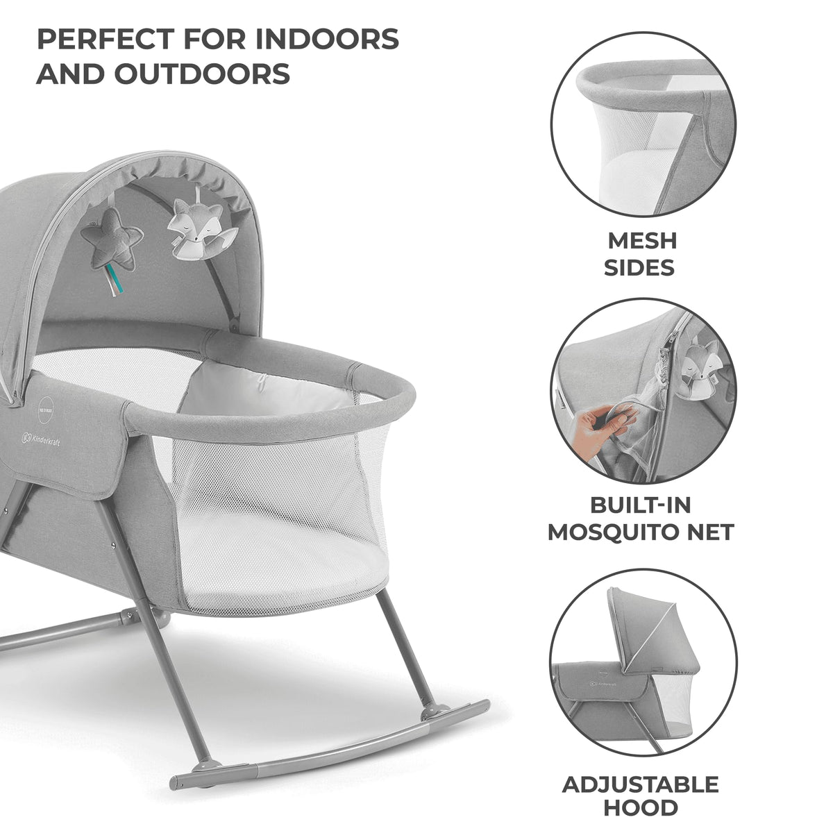 Kinderkraft LOVI 3-ühes beebihäll ja reisivoodi, hall (0–9 kg)