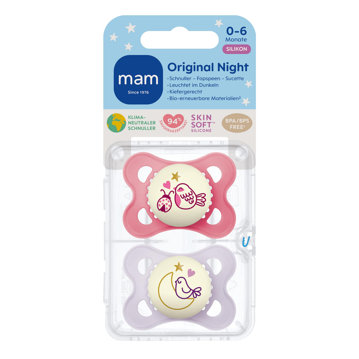 MAM Original Night öölutt 0–6 kuud, helendav, lind/kuu, 2 tk