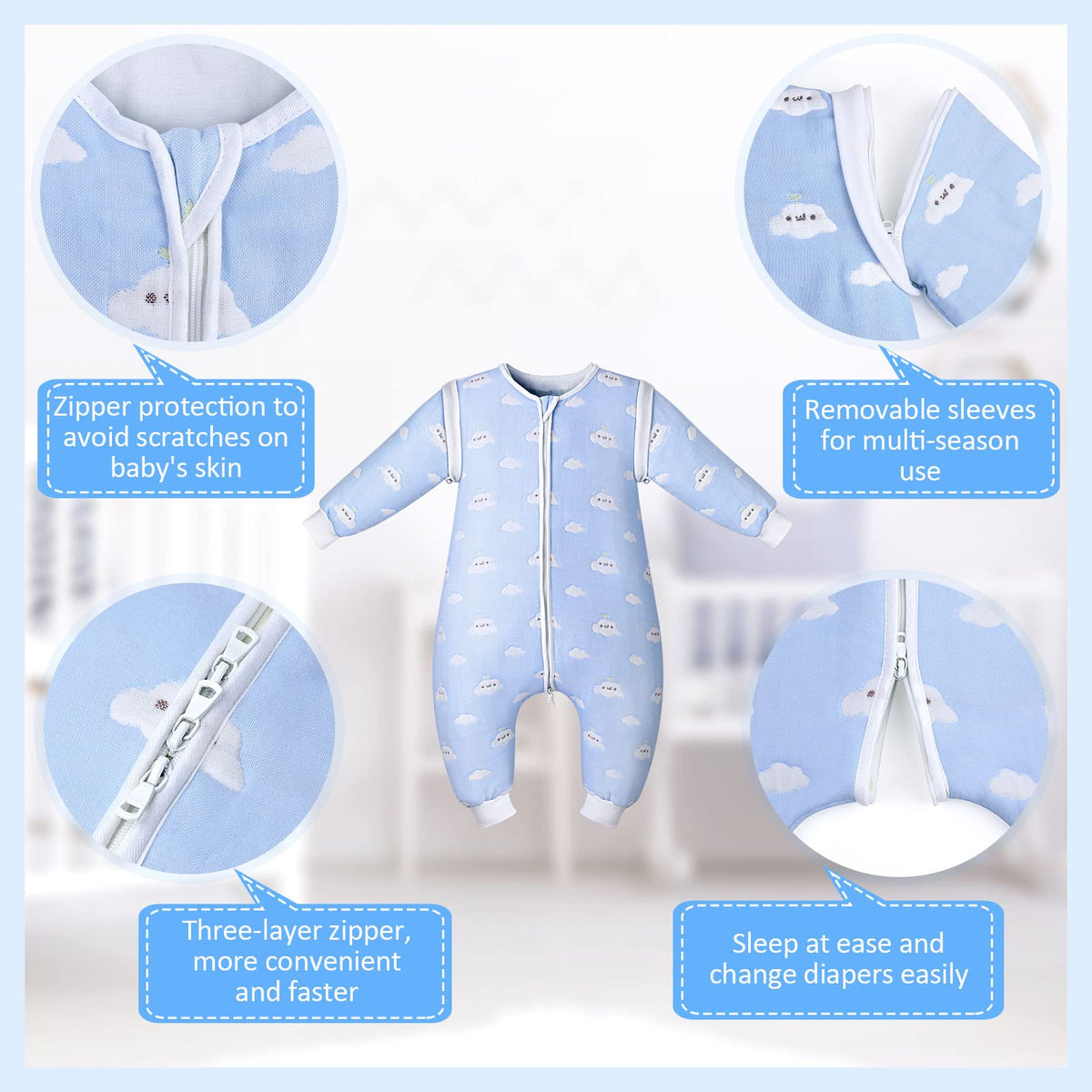 Lictin baby sleeping bag, TOG 2.0, with removable sleeves, 80 cm, light blue cloud pattern