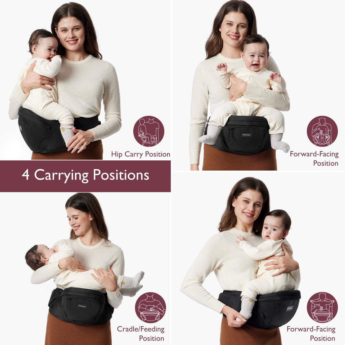 Momcozy ergonoomiline puusavöö beebi ja väikelapse kandmiseks, kuni 20 kg, must (L)