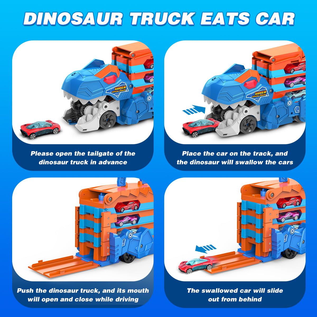 3-in-1 Dinosauruseteemaline transpordiveok ja rallirada 8 mudelautoga