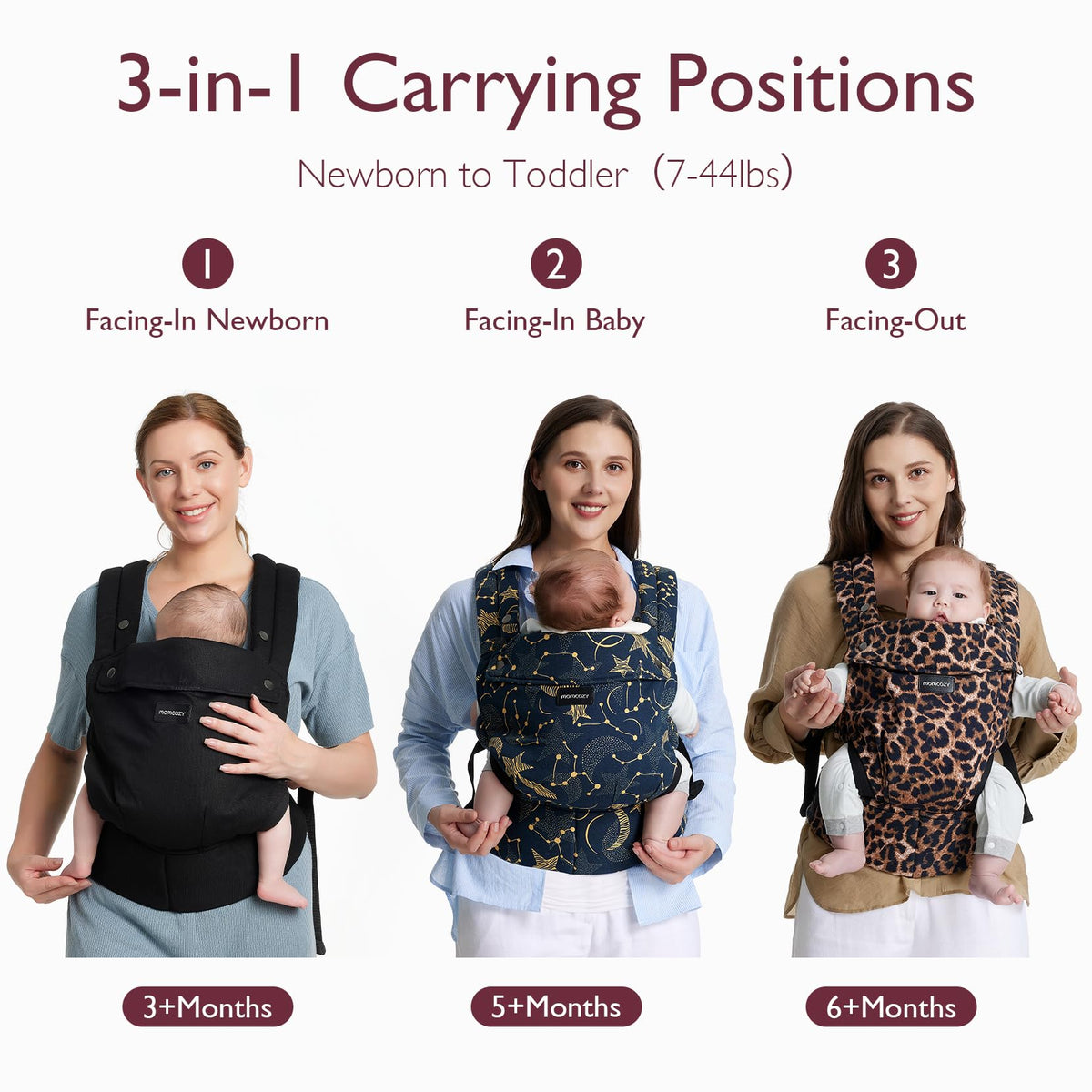 Momcozy ergonomic baby carrier – black, cotton, 3-in-1 design (7–20 kg)